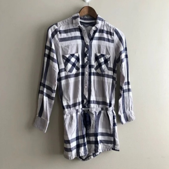 Aerie Comfy Cozy Button Down Long Sleeve Plaid Flannel Pj Pajama Romper Blue - Picture 11 of 11
